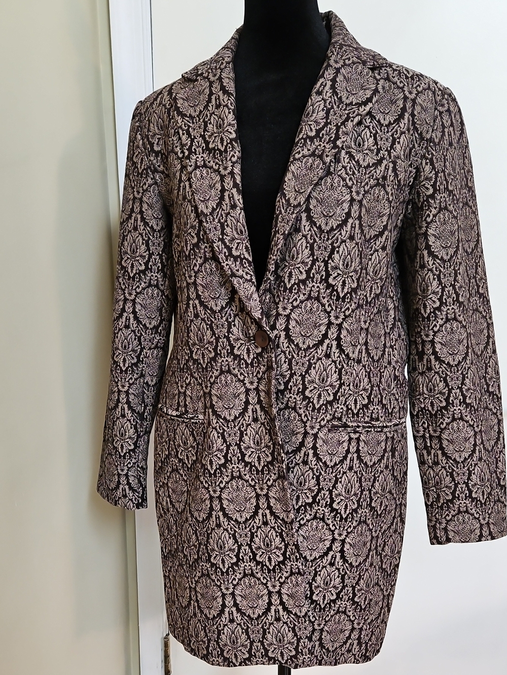 Dialogue Damask Brocade Blazer Coat Jacket Brown Gold Metallic Vintage Style 6